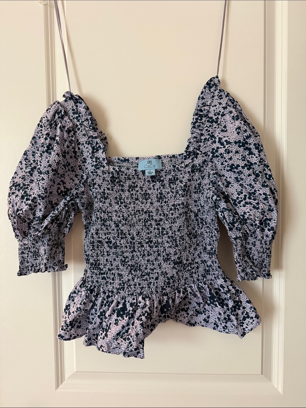 CeCe Purple and Blue Floral Smocked Peplum Blouse